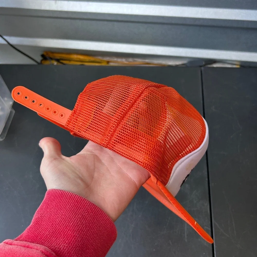 Vintage 1980's Orange White Trucker Hat Mesh Snapback Adjustable Retro‎ Style